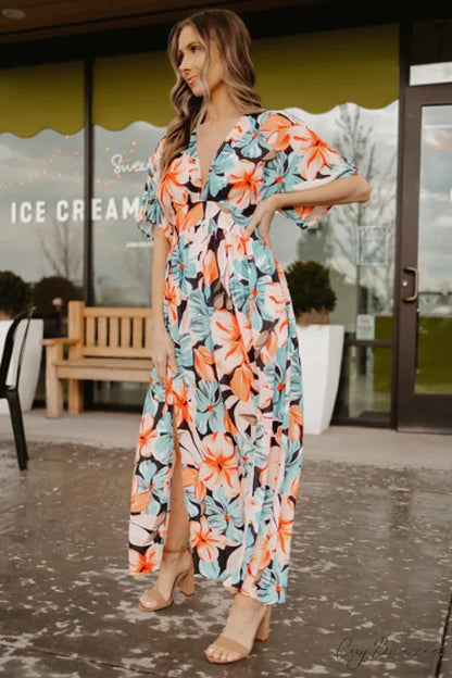 V Neck Print Cap Sleeve Slit Maxi Dress