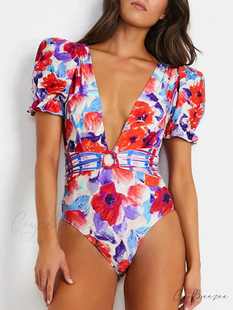 V-neck Printed Bubble Sleeve Swimsuit onepiece-250223