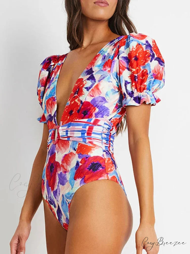 V-neck Printed Bubble Sleeve Swimsuit onepiece-250223