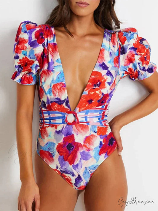 V-neck Printed Bubble Sleeve Swimsuit red / S onepiece-250223