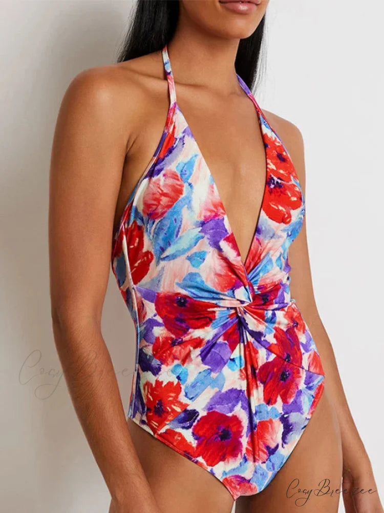 V-neck Printed Bubble Sleeve Swimsuit red2 / S onepiece-250223