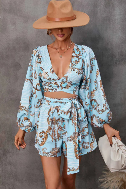 V Neck Printed Cut-Out Rompers Blue / L