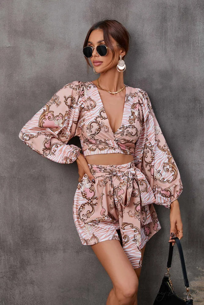 V Neck Printed Cut-Out Rompers Pink / L