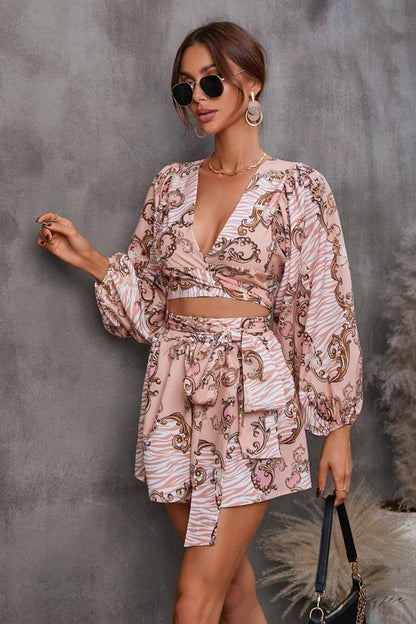 V Neck Printed Cut-Out Rompers Pink / S