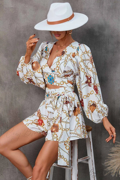 V Neck Printed Cut-Out Rompers White / L