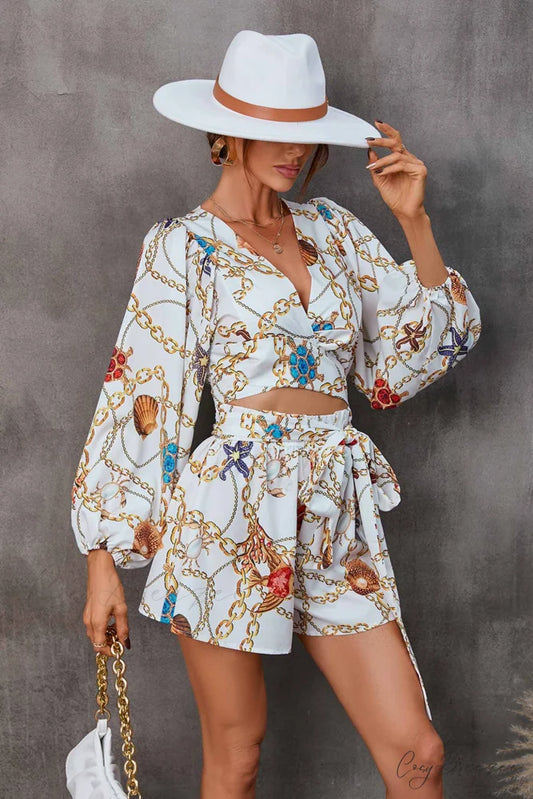 V Neck Printed Cut-Out Rompers White / S