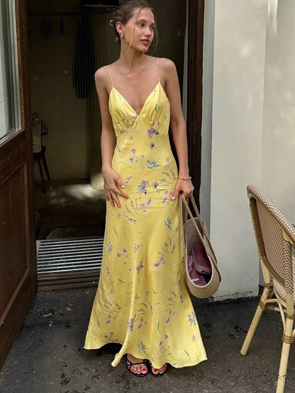V-Neck Printed Floral Yellow Holiday Dress Yellow / S vacationdress-250223