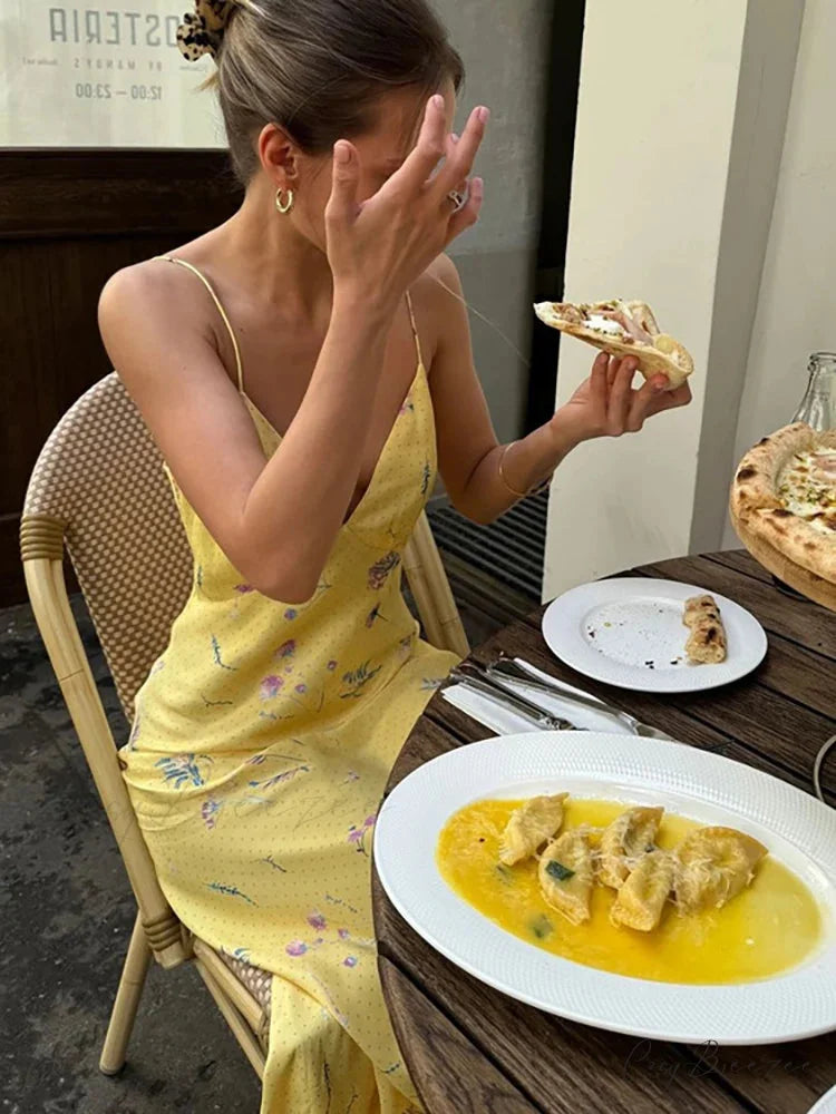 V-Neck Printed Floral Yellow Holiday Dress vacationdress-250223