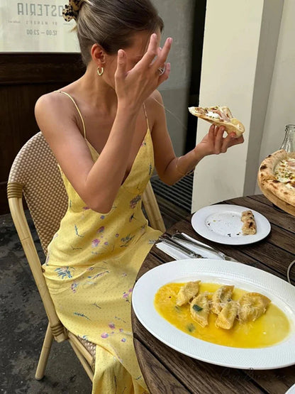 V-Neck Printed Floral Yellow Holiday Dress vacationdress-250223