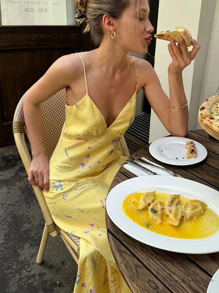 V-Neck Printed Floral Yellow Holiday Dress vacationdress-250223
