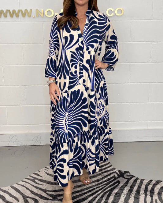 V-neck printed loose dress Blue / S