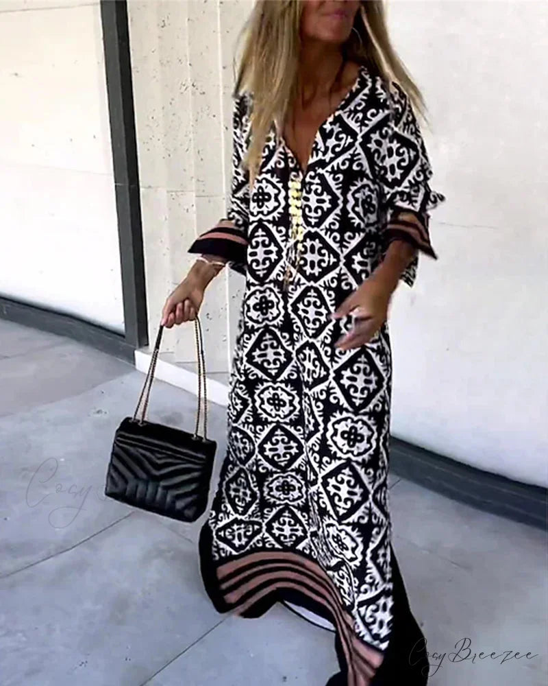 V-neck printed loose maxi dress Black / S