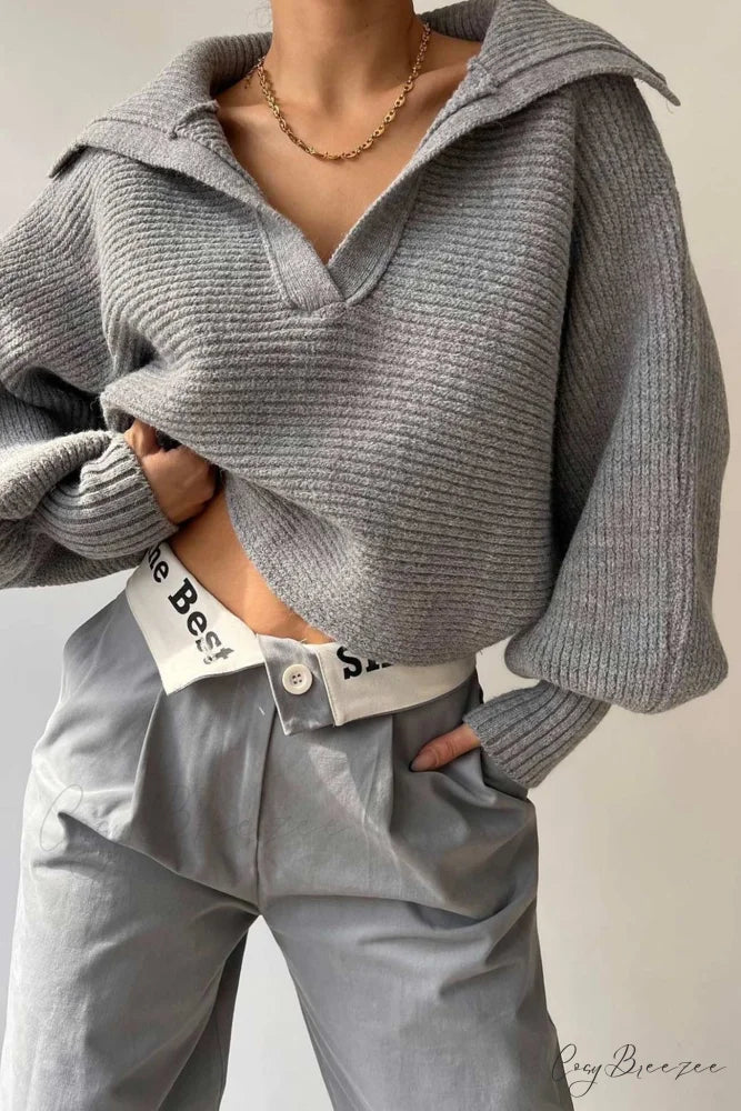 V Neck Puff Sleeve Sweater with Lapel Grey / S