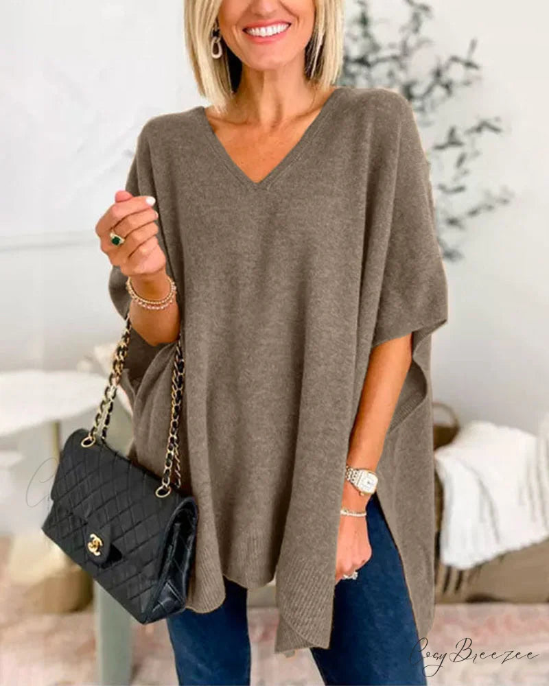 V-neck Pullover Sweater Coffee / S