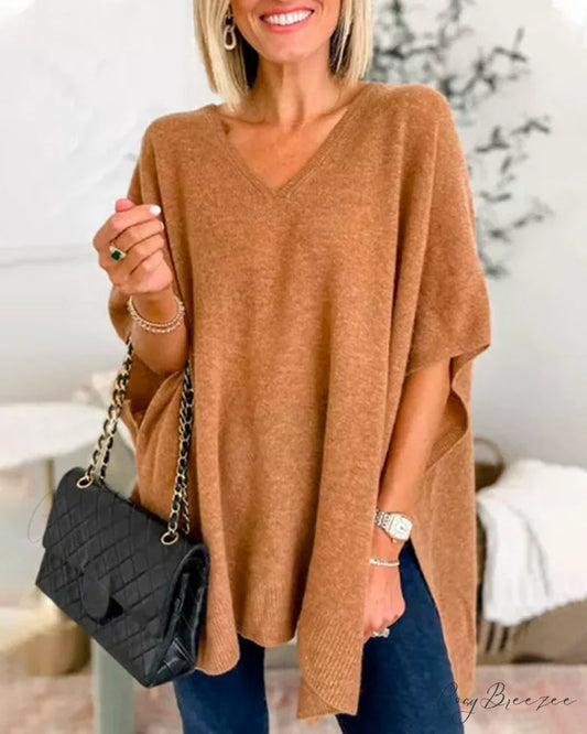V-neck Pullover Sweater Khaki / S