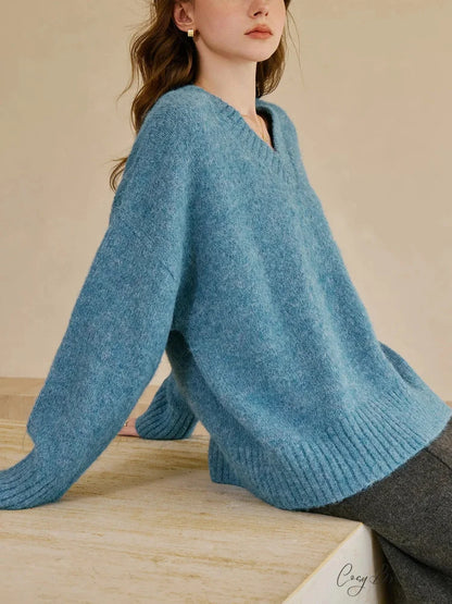 V-neck Pullover Wool Warm Sweater Blue / XS swraters-241228