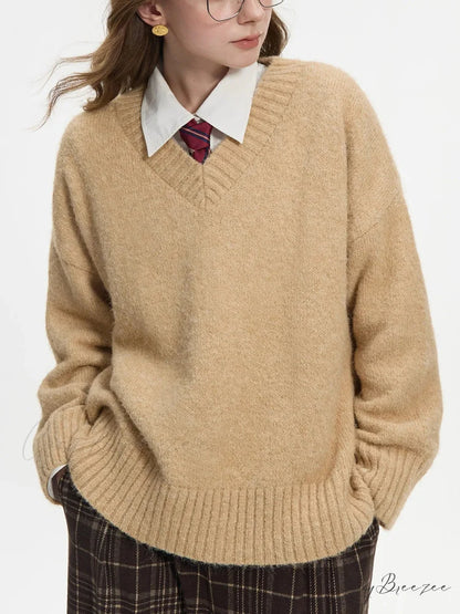 V-neck Pullover Wool Warm Sweater Khaki / XS swraters-241228
