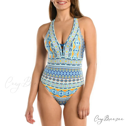 V-Neck Push Up Cross Swimsuit Blue / S onepiece-250223