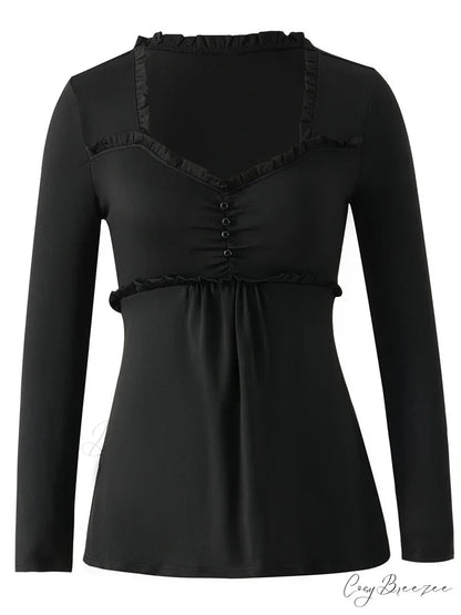 V-neck Ruched Solid Color Vintage Ruched Buttons T-Shirts