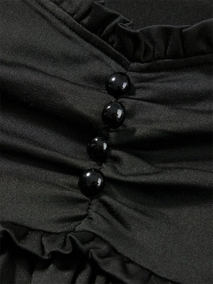 V-neck Ruched Solid Color Vintage Ruched Buttons T-Shirts
