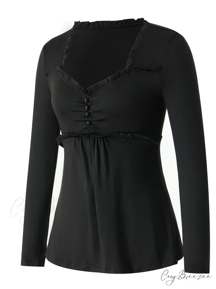 V-neck Ruched Solid Color Vintage Ruched Buttons T-Shirts