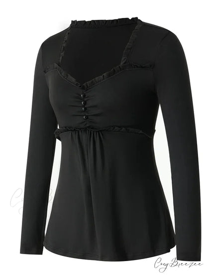 V-neck Ruched Solid Color Vintage Ruched Buttons T-Shirts