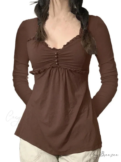 V-neck Ruched Solid Color Vintage Ruched Buttons T-Shirts BROWN / S