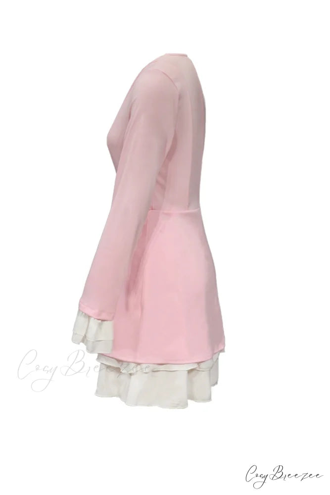 V Neck Ruffle Dress with Fake Two-Piece Design