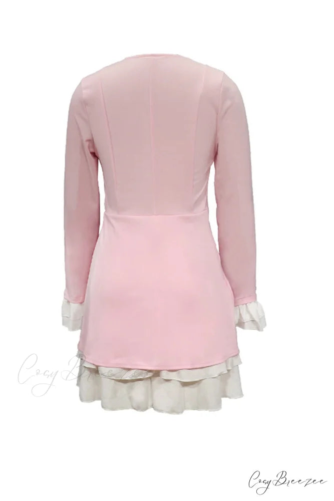 V Neck Ruffle Dress with Fake Two-Piece Design