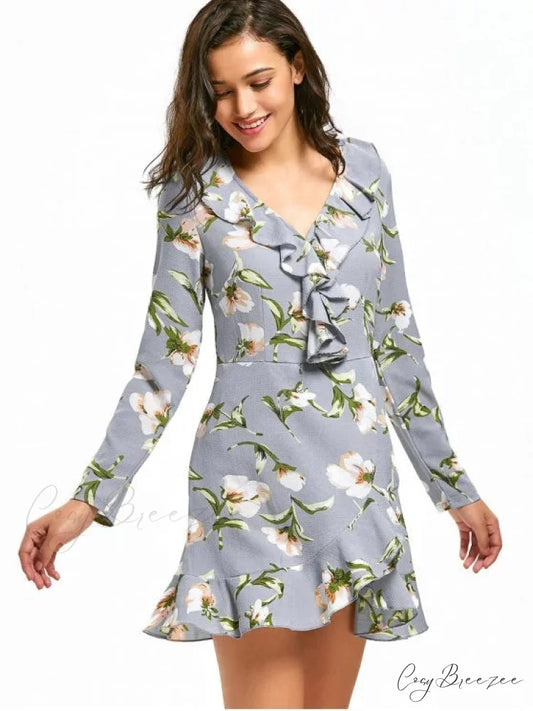 V Neck Ruffle Hem Floral Print Dress