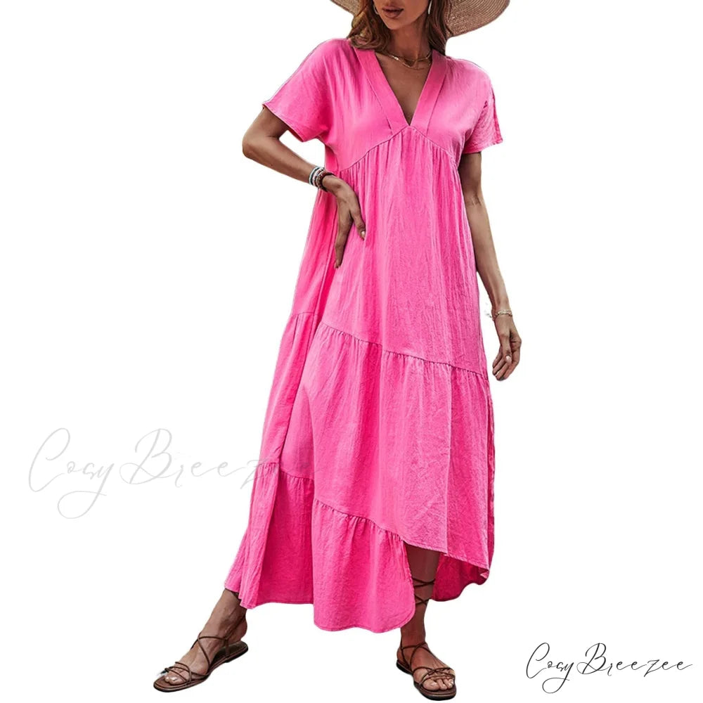 V Neck Ruffle Hem Smock Dress M / Hot Pink