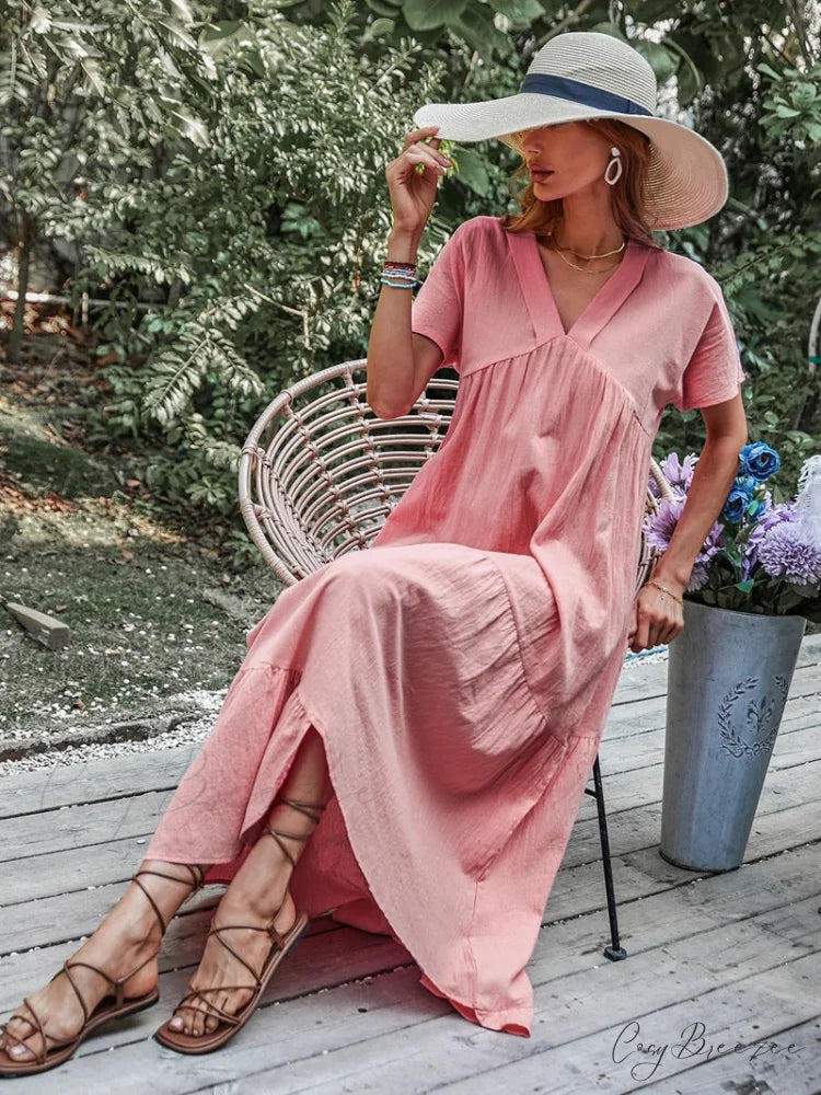 V Neck Ruffle Hem Smock Dress M / Pink