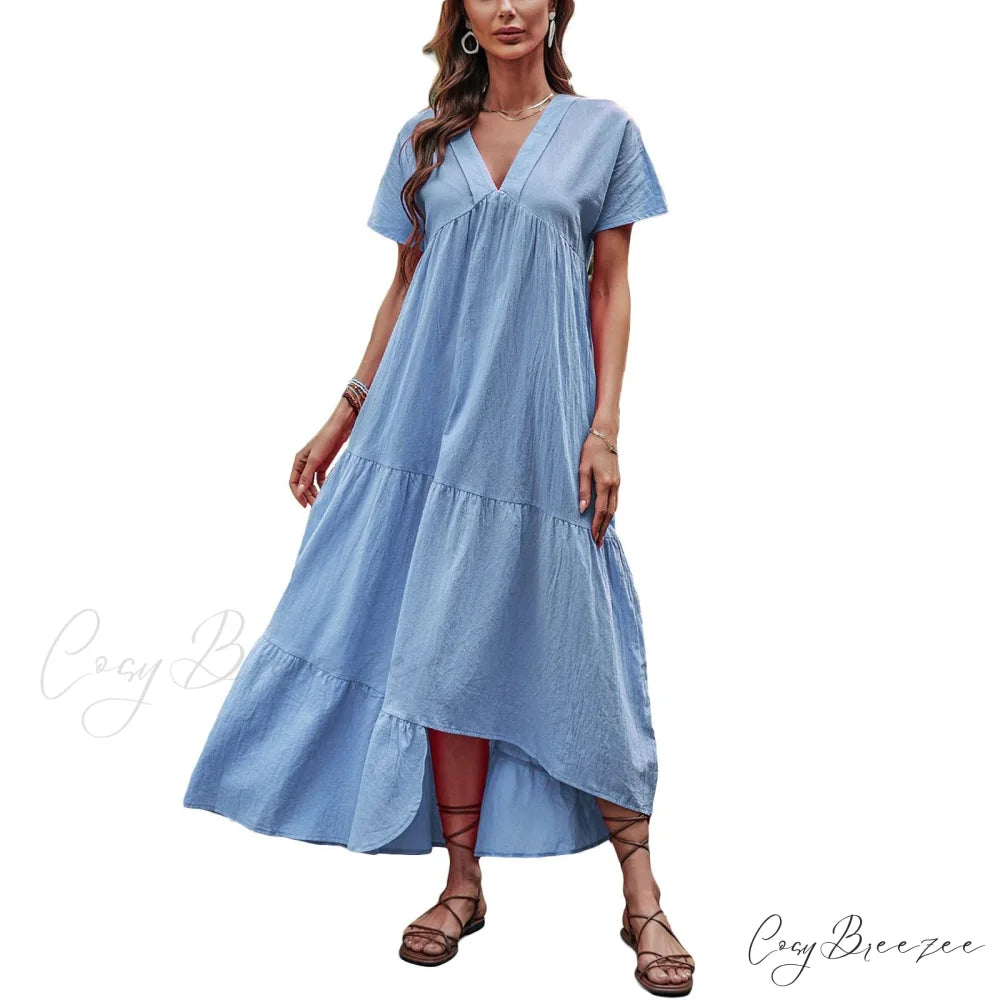 V Neck Ruffle Hem Smock Dress M / Purple