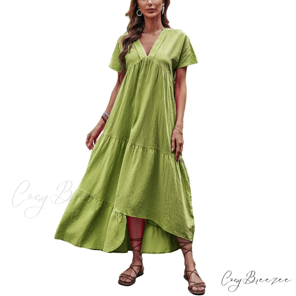 V Neck Ruffle Hem Smock Dress S / Blue