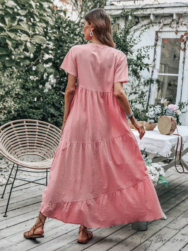 V Neck Ruffle Hem Smock Dress S / Green