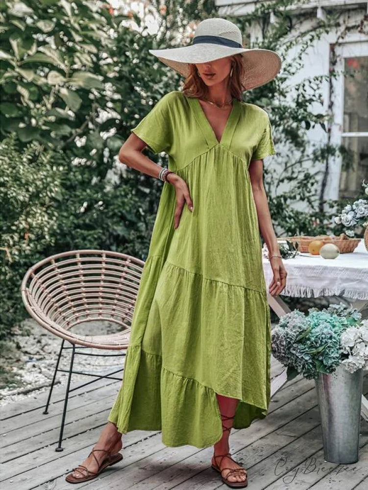 V Neck Ruffle Hem Smock Dress S / Hot Pink