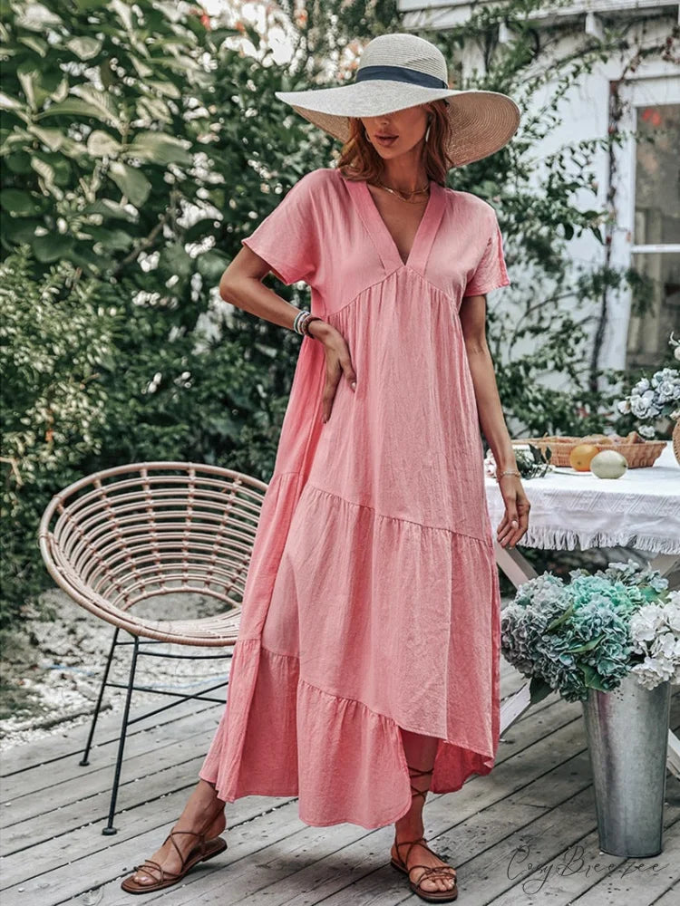 V Neck Ruffle Hem Smock Dress S / Pink