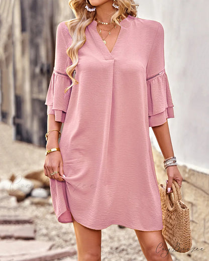 V-neck ruffle sleeve dress in solid color