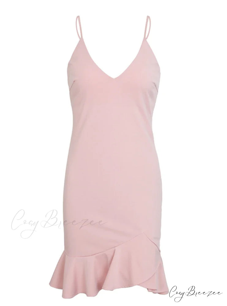 V Neck Ruffle Strap Mini Dress for Women S / Red