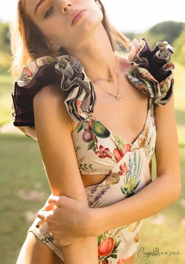 V-Neck Ruffle Tie Dye Bandage Swimsuit onepiece-250223