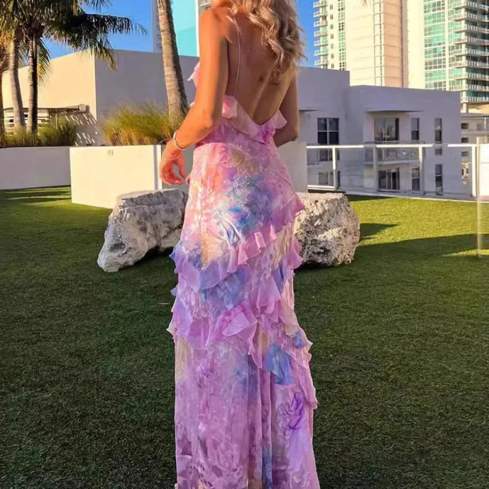 V-Neck Ruffled Floral Print Vacation Dress vacationdress-250223