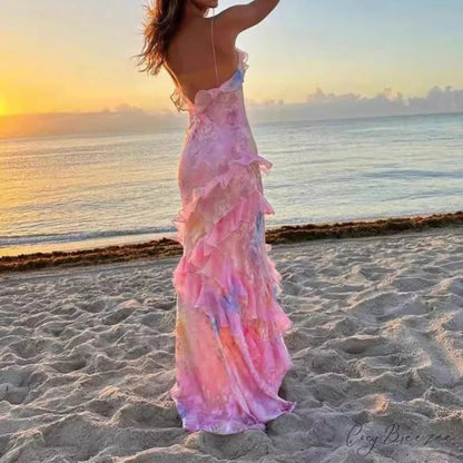 V-Neck Ruffled Floral Print Vacation Dress vacationdress-250223