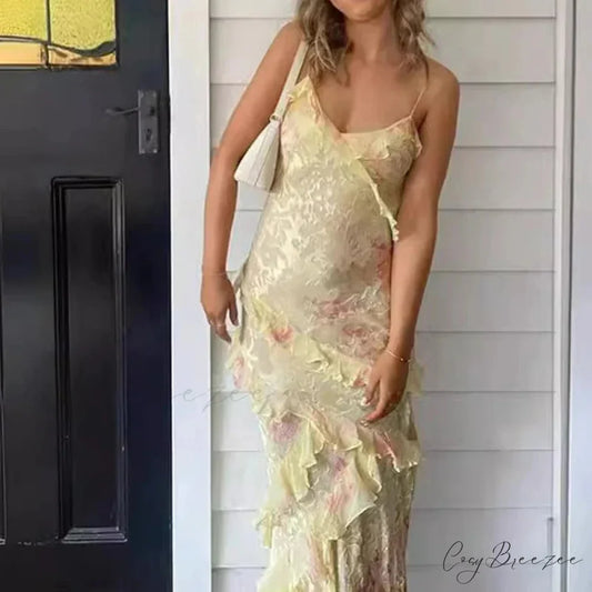 V-Neck Ruffled Floral Print Vacation Dress yellow / S vacationdress-250223