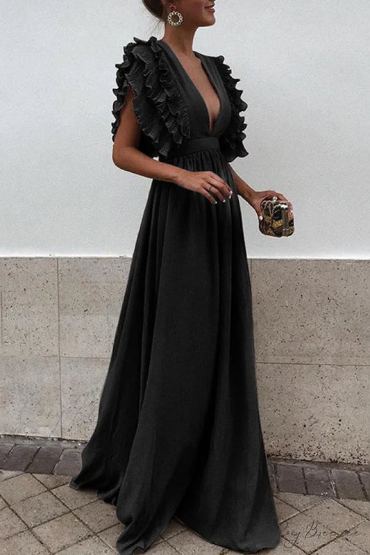 V Neck Ruffled High Waist Party Dress S / Black