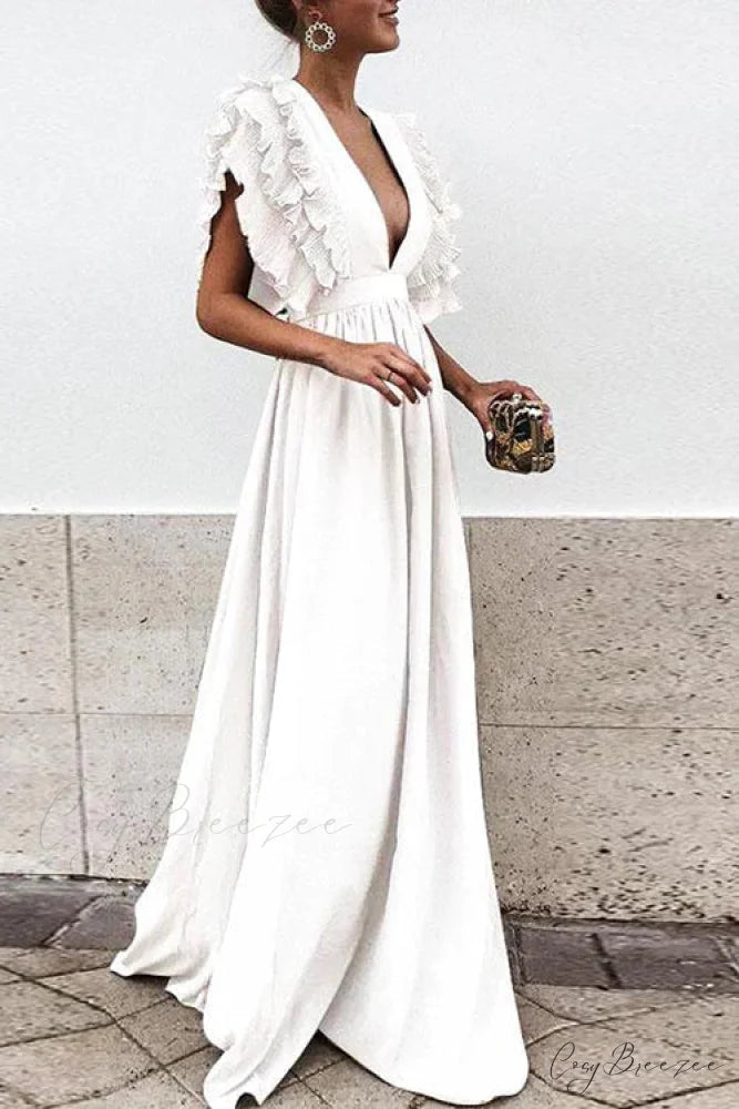 V Neck Ruffled High Waist Party Dress S / Gray