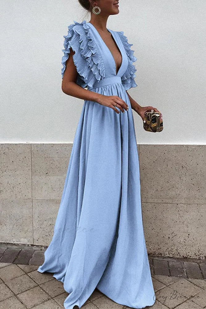 V Neck Ruffled High Waist Party Dress S / White