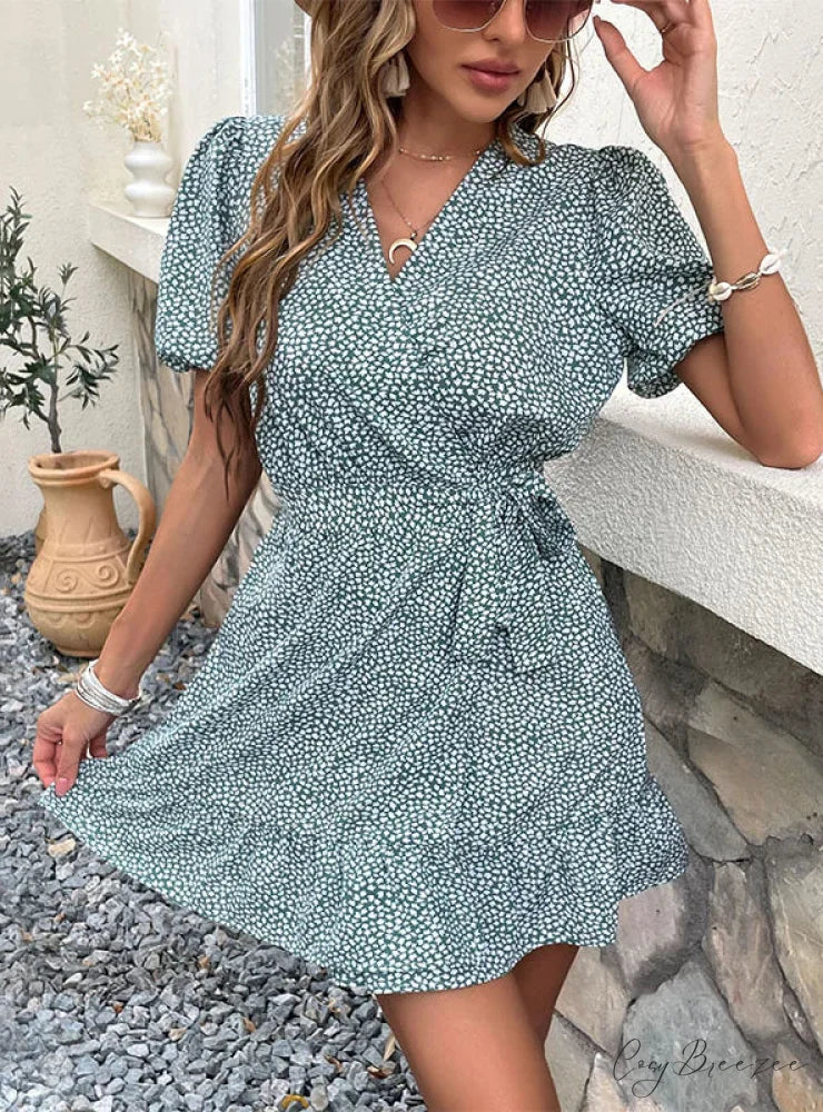 V-Neck Ruffled Lace-Up Dress with Print