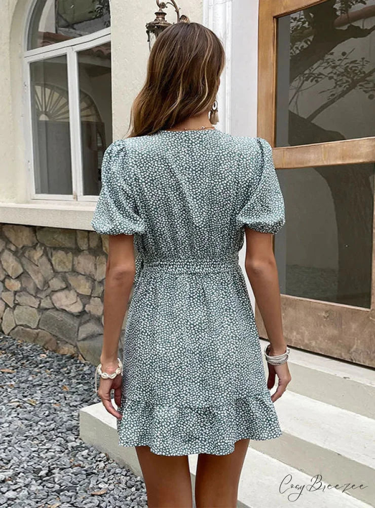 V-Neck Ruffled Lace-Up Dress with Print