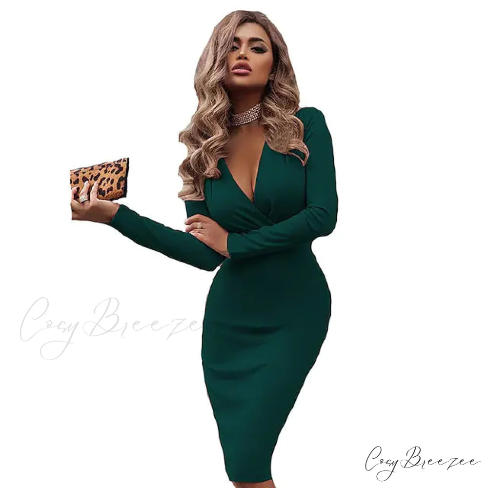 V-Neck Sheath Knee Length Dress for Women Dark Green / S