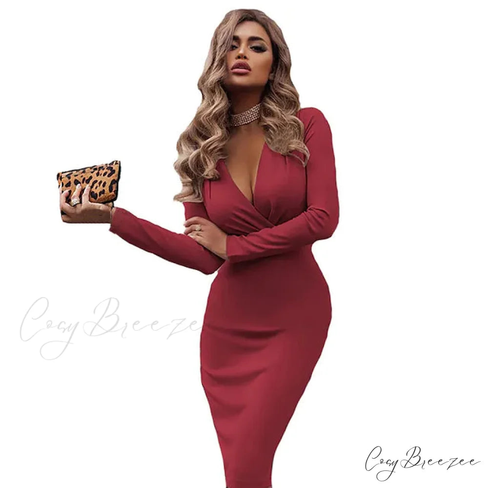 V-Neck Sheath Knee Length Dress for Women Red / S